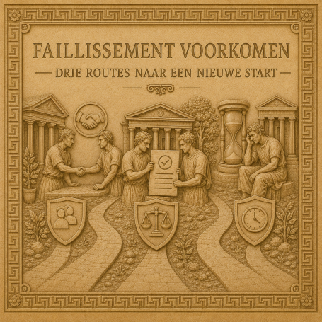 Grafische weergave van faillissement voorkomen, met drie routes naar een nieuwe start.