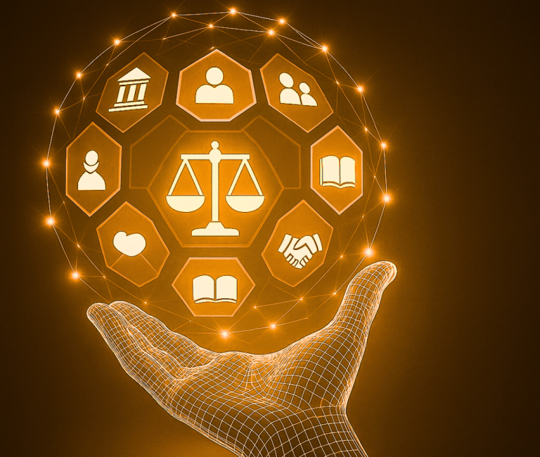 Wereldbol in hand met symbolen / iconen van social media en recht