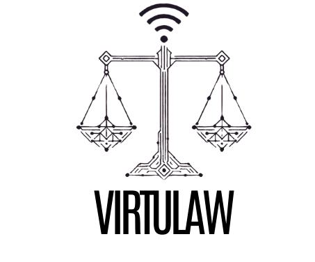 Logo van VirtuLaw met een weegschaal en een wifi signaal.
