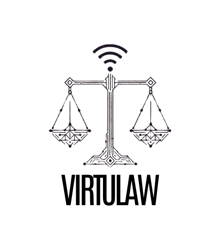 Logo van Virtulaw Logo van VirtuLaw met een weegschaal en een wifi-symbool erboven.