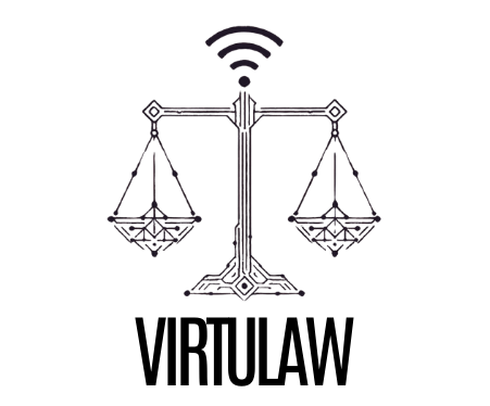 Logo Virtulaw Logo van VirtuLaw met een weegschaal en een wifi symbool erboven.