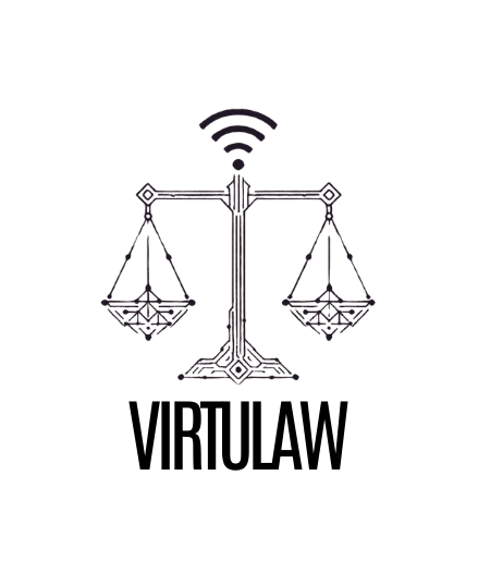 Logo van VirtuLaw met een weegschaal en een wifi-symbool erboven.
