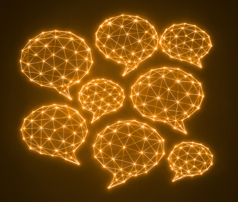 Oranje lichtgevende tekstballonnen met een netwerkstructuur op een donkere achtergrond.
