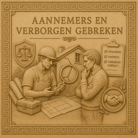 Twee mannen bespreken bouwplannen en verborgen gebreken, met symbolen van recht en conformiteit.