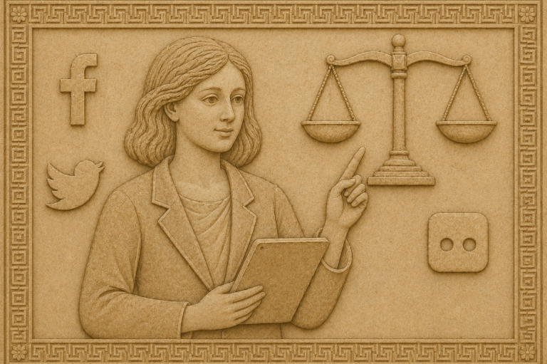 Vrouw in een zwart jasje met tablet, met weegschaal en sociale media-iconen op de achtergrond. Vrouw in een zwart jasje met tablet, met weegschaal en sociale media-iconen op de achtergrond.