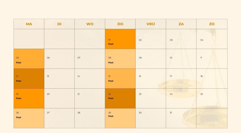 Contentkalender met verschillende tinten oranje en lege rijen voor notities.