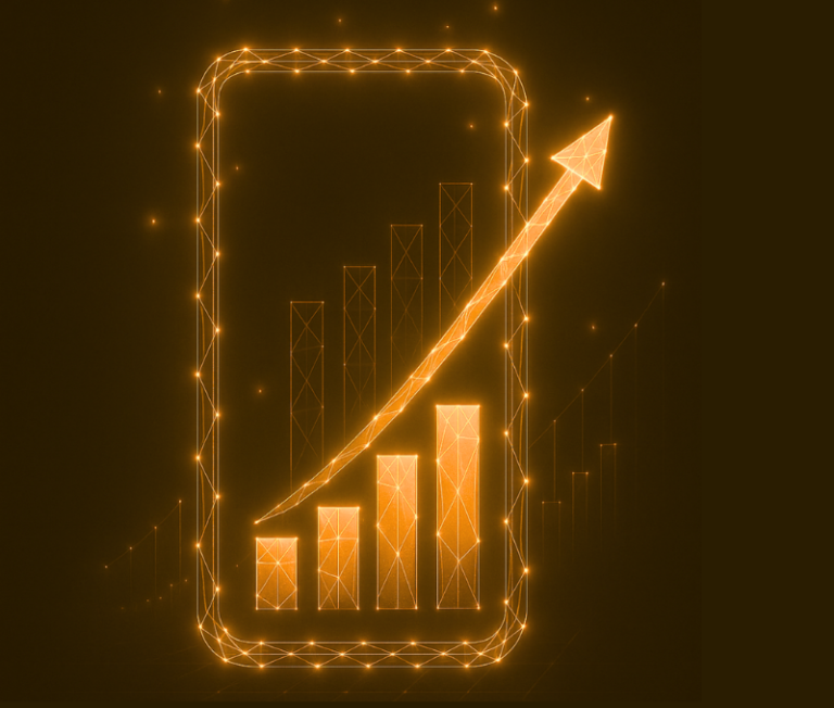 Een smartphone met een groeiende grafiek en een opwaartse pijl.