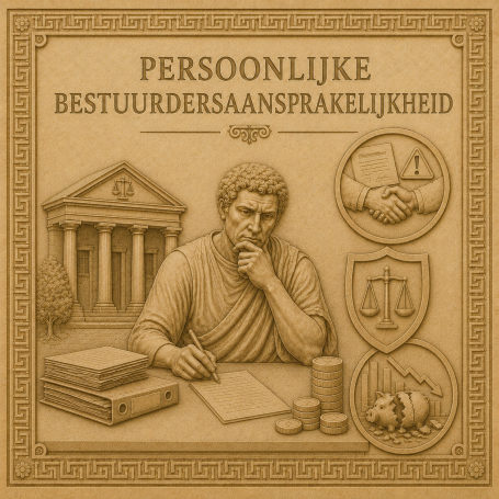 Een man schrijft, omringd door symbolen van recht en samenwerking.